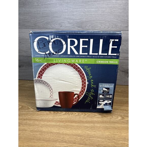 Corelle Vitrelle Livingware Crimson Trellis 16 Pc. Dinnerware Set~ New - Picture 1 of 5